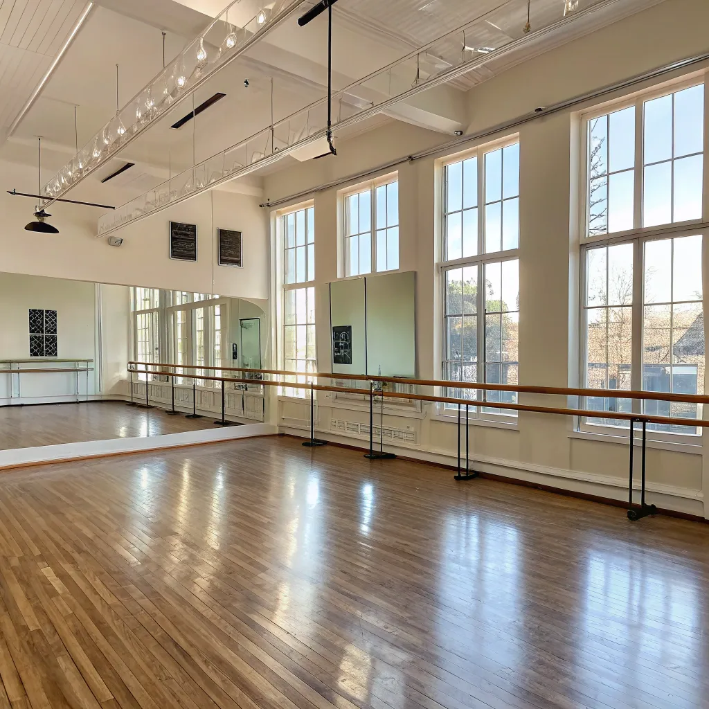 Dance studio with wooden flooring and natural light